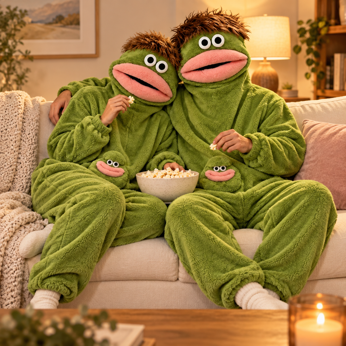Styled product illustration: goof couples movie night based on the green Goof Suit reference.