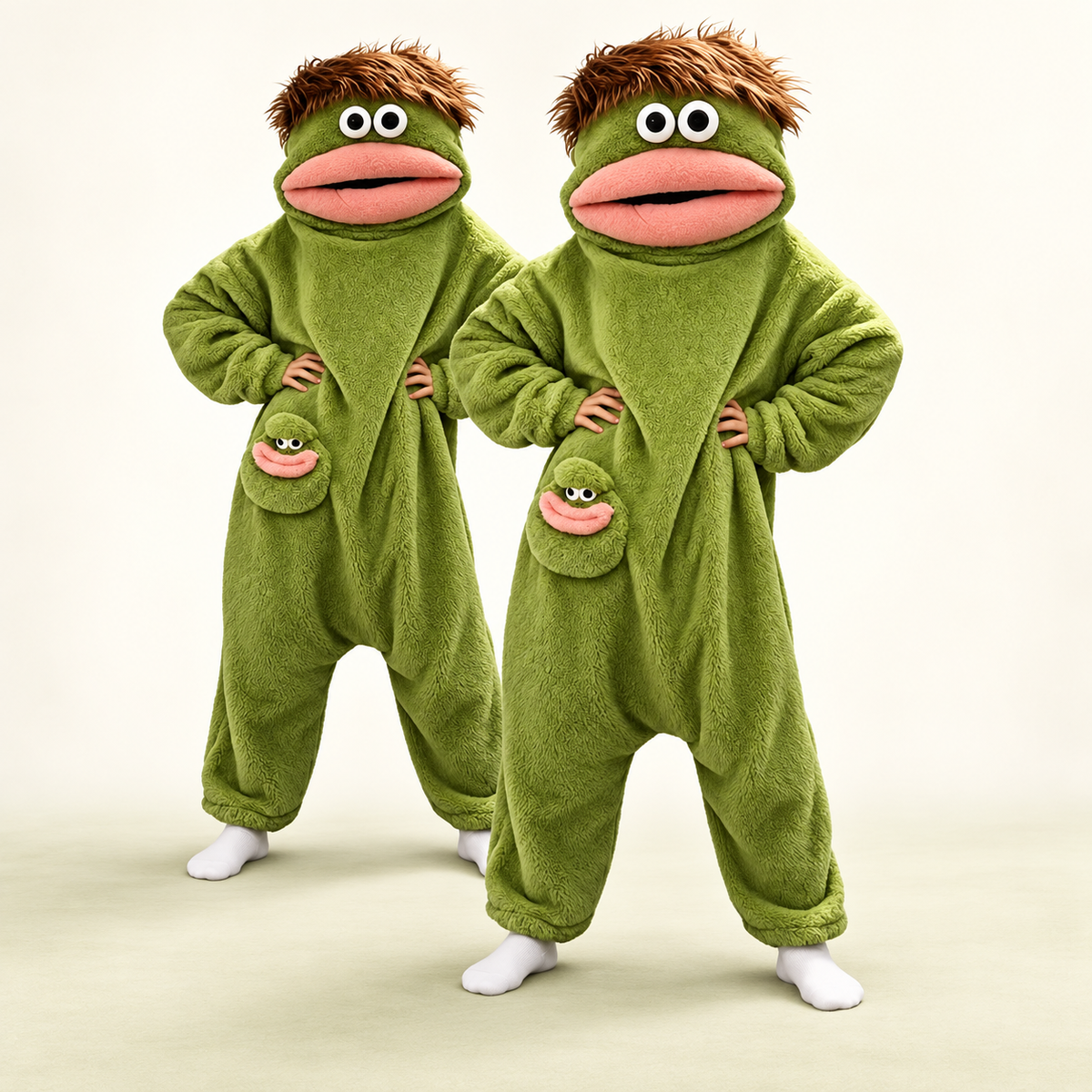 Two green Goof Suits shown together to illustrate the two-unit quantity offer.