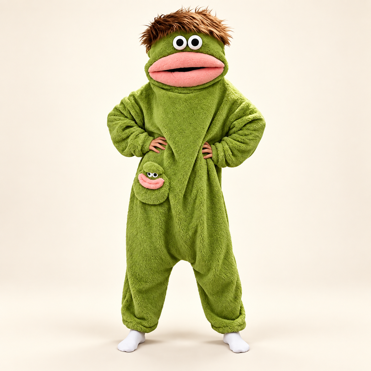 Goof Suit in green, front view on an ivory studio background; styled from the product reference.